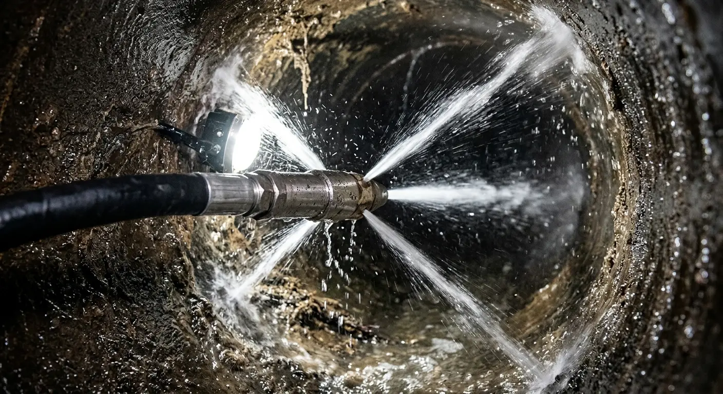 High-pressure hydro jetting nozzle cleaning sewer pipe for Sewer Cleanout in Lawndale