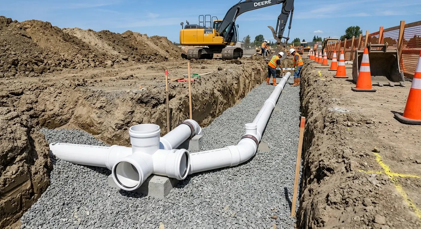 New PVC sewer pipe installation in open trench for Sewer Backup in Lawndale