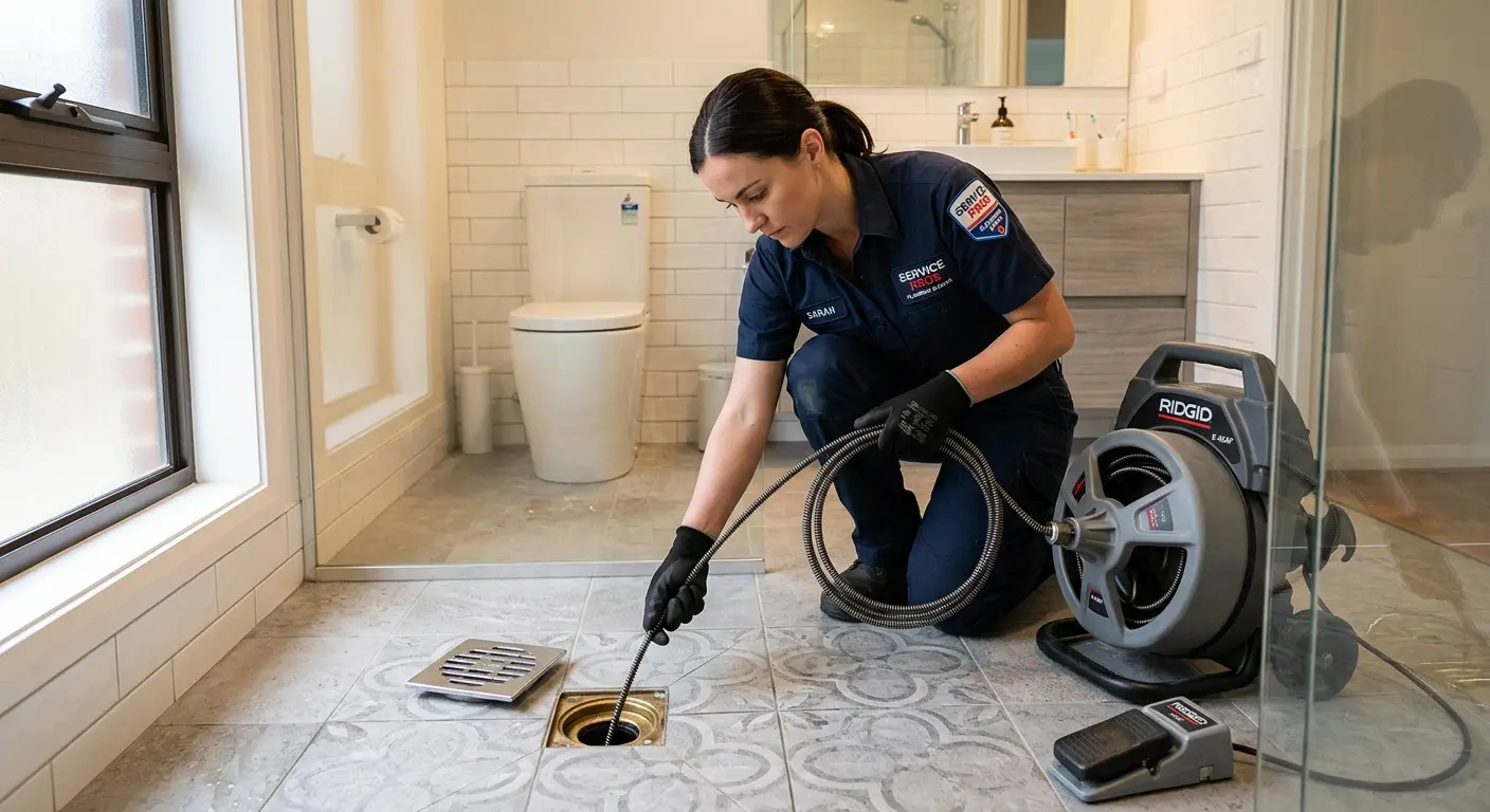 Technician clearing a bathroom floor drain for Drain Cleaning in Lawndale